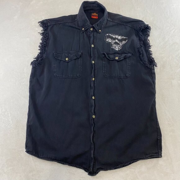 Hot Leathers Men's 'Shredder Skull' Black Sleeveless Denim Button Down Vest - Picture 1 of 8